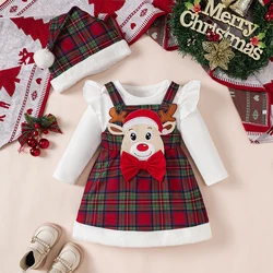 Baby Girl Christmas Outfits Solid Color Long Sleeve Romper Deer Embroidery Overalls Dress Hat 3Pcs Clothes Set