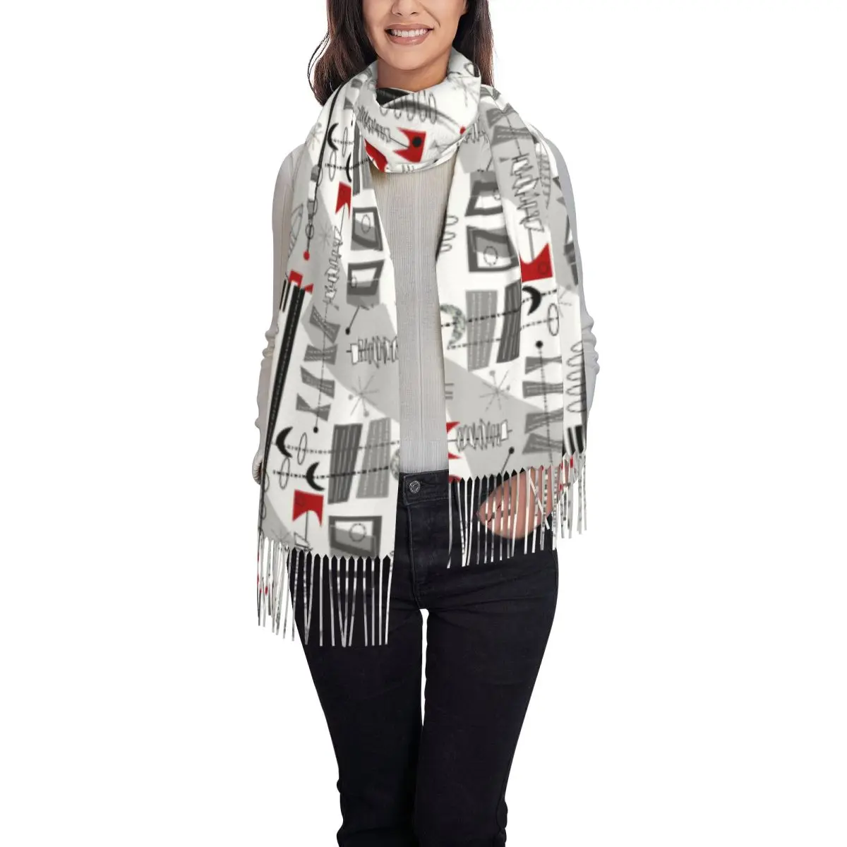 Современный абстрактный геометрический шарф середины века с индивидуальным принтом для мужчин и женщин, зима-осень, теплые шарфы, шаль в атомном стиле