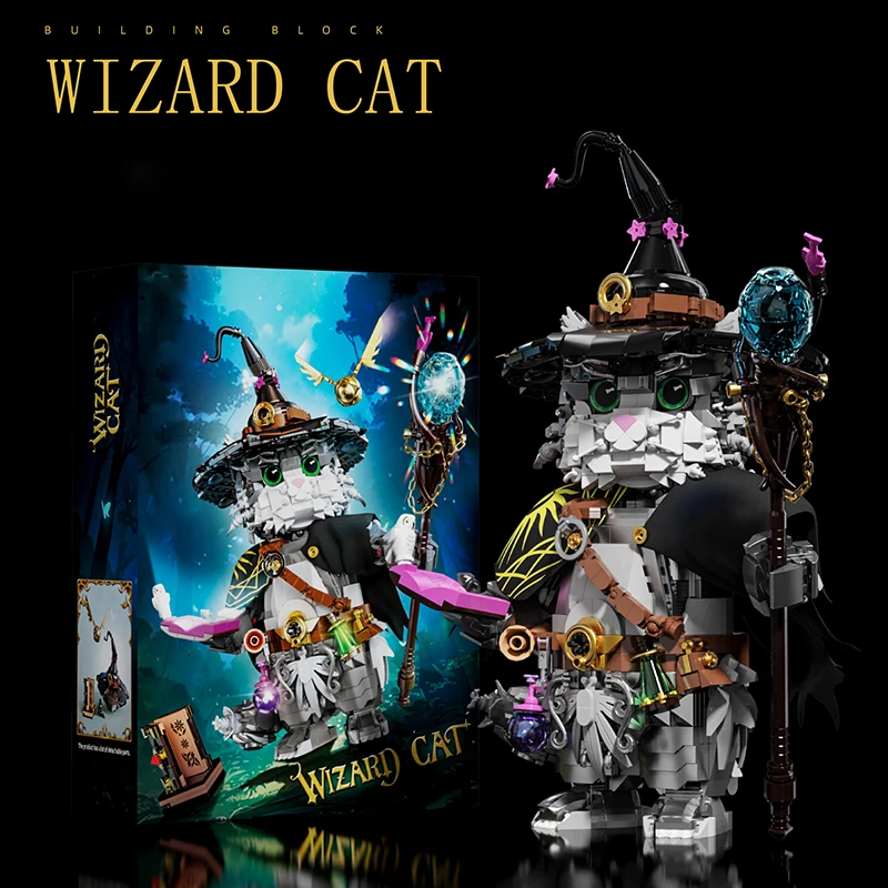 

Magic School Wizard Cat Building Toys Set Sorcerer Kitten Model Kit with Magic Staff Flying Golden Ball & Owl for Adults Teens