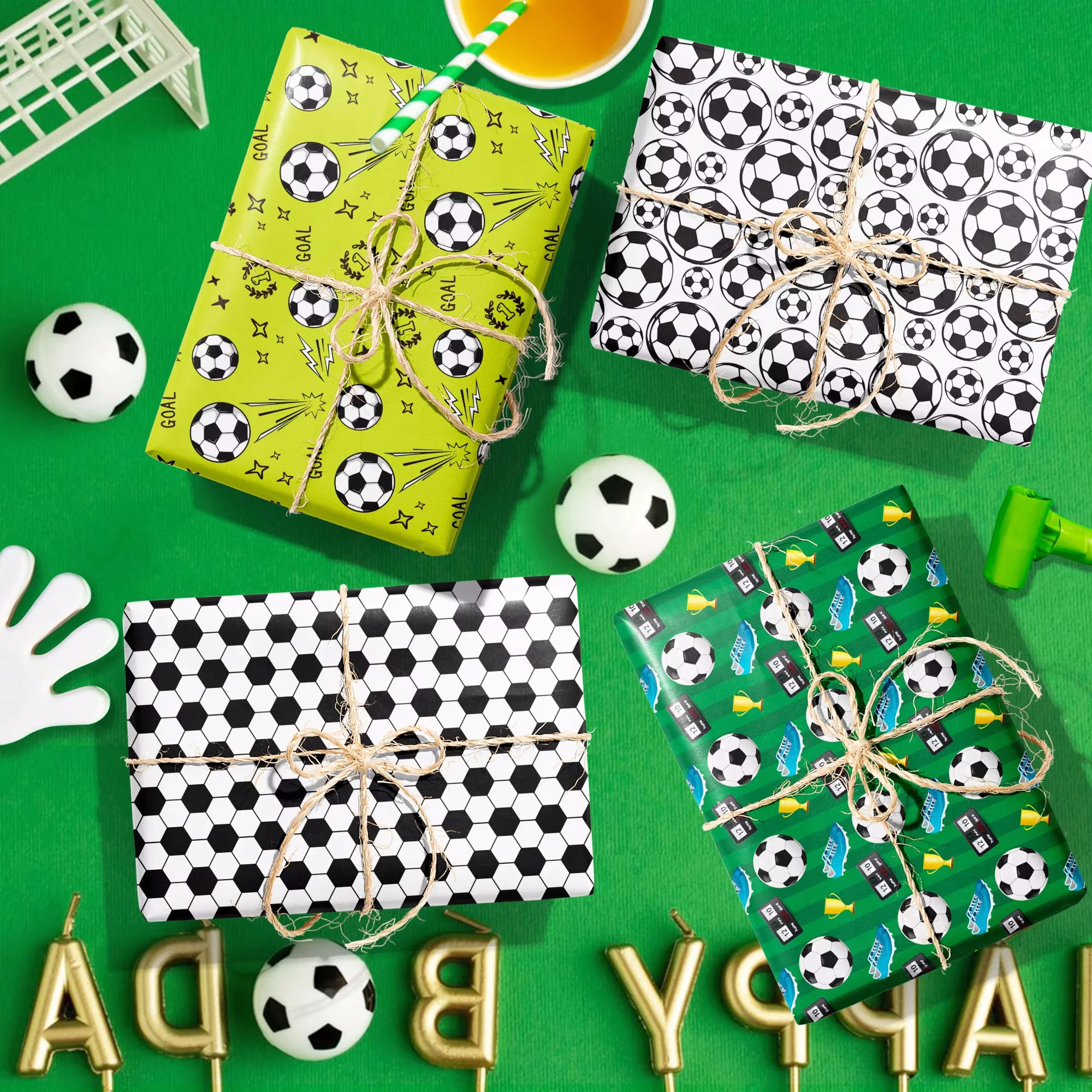 12 قطعة من مواد تغليف نمط كرة القدم الرياضية باللونين الأخضر والأبيض، هدايا حفلات أعياد الميلاد، أوراق تزيين للتغليف الحرفية #5