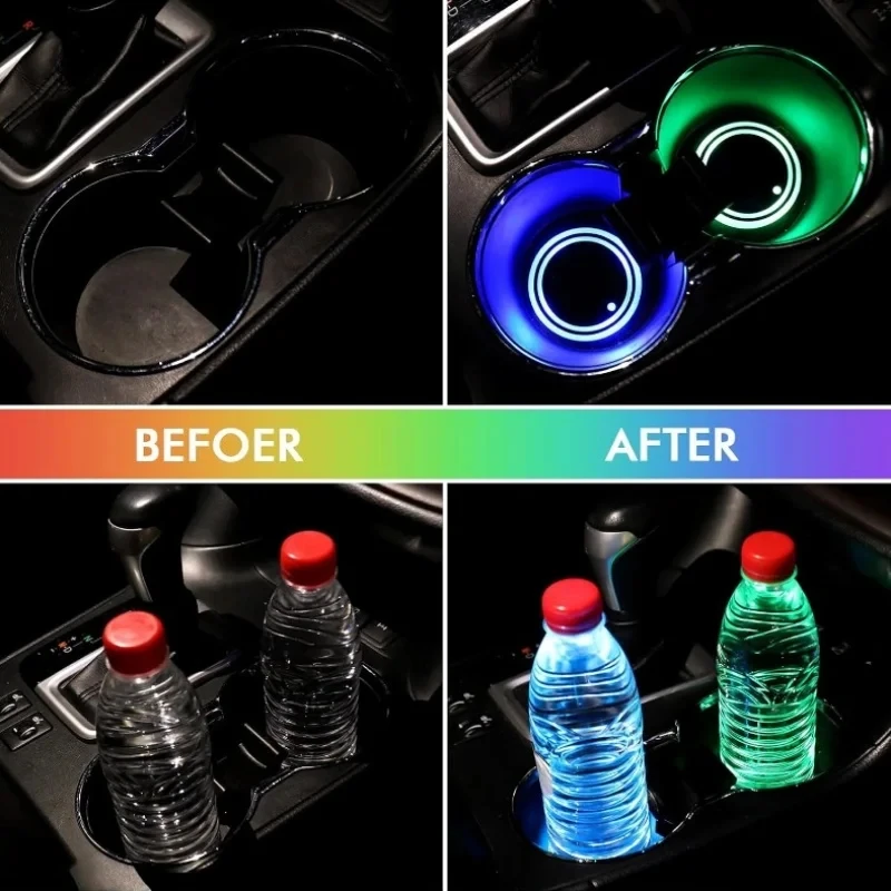 2 Piece LED Cup Holder Pad Set 7 Color Light Up Car Coasters Luminous Interior Accessories