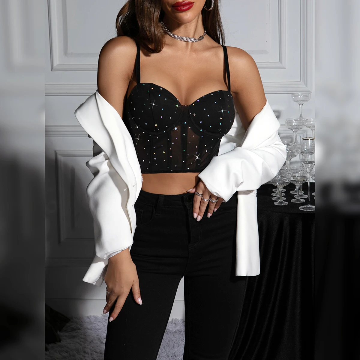 Vemina Sequin Fishbone Skinny Halter Crop Top Women,Black Sexy V Neck Corset Top,Hollowing Mesh See Through Lnner Tank Vest