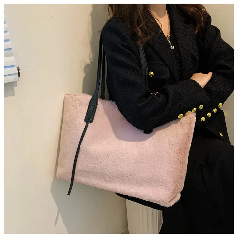 Bolso de hombro de lana de gran capacidad para mujer, bolso de mano de moda, bolso de hombro femenino, bolso de mano, Simple, de invierno, nueva tendencia