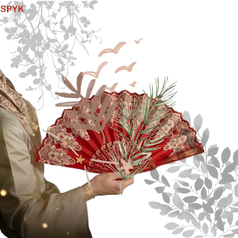 Red Lace Folding Hand Fan Gold Embossed Pattern Elegant Handheld Fan Lightweight Decor Fan For Wedding Party Cosplay Photo Prop