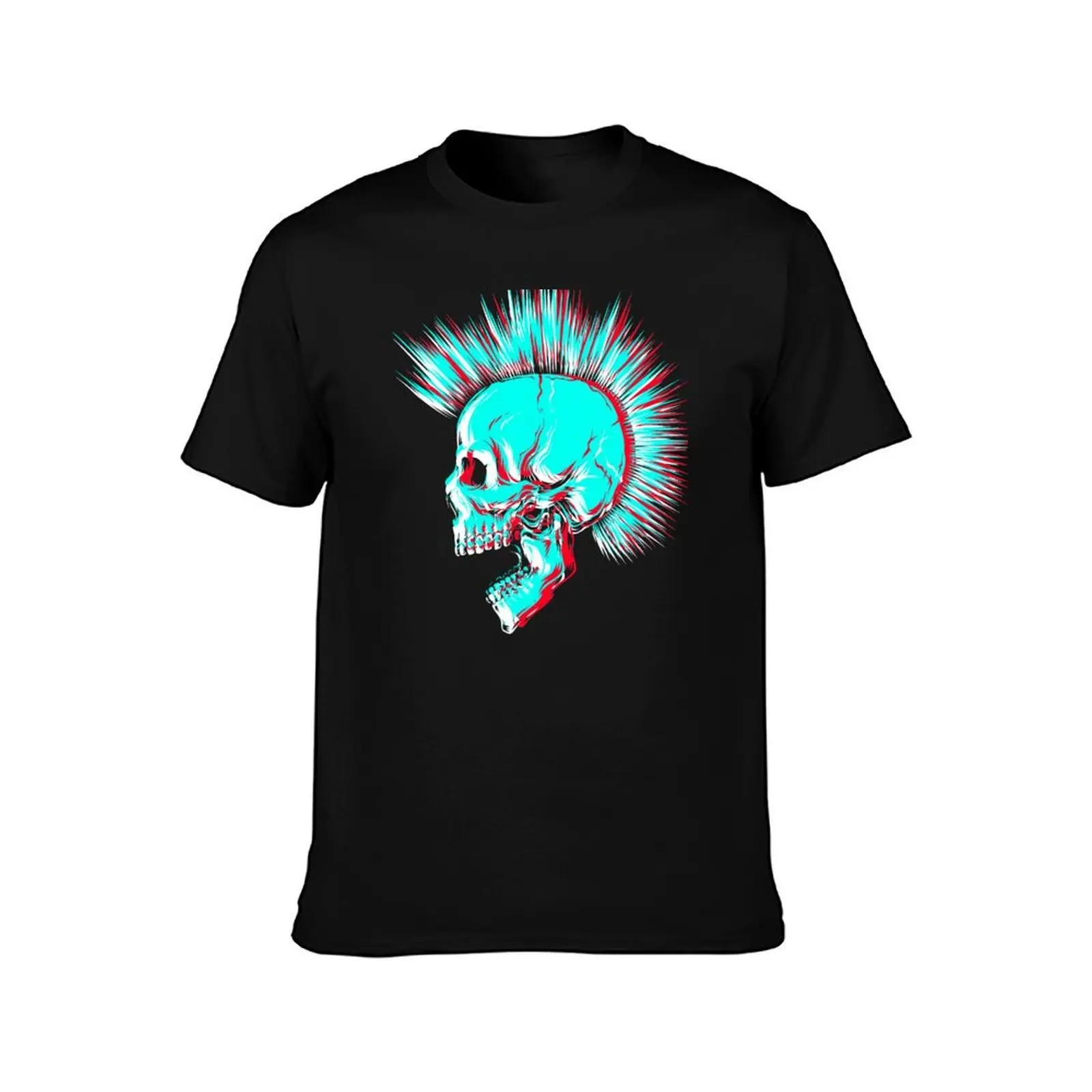 Glitch Punk Skull with Mohawk T-Shirt Summer Casual Cotton Tee Oversized Streetwear Tops Vintage Graphic Print 100% Cotton