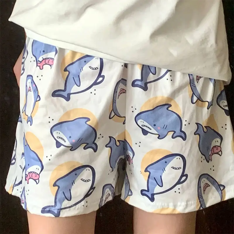 Sleeping Pants Women Cartoon Cute Shark Animal Pattern Loose Lightweight Breathable Elasticated Waistband Shorts Pajama Pants