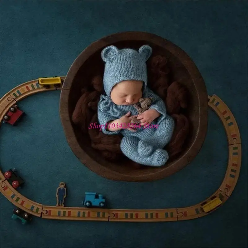  Newborn Photo Costume Romper Cartoon Bear Ear Hat Photography Outfit Shower Gift