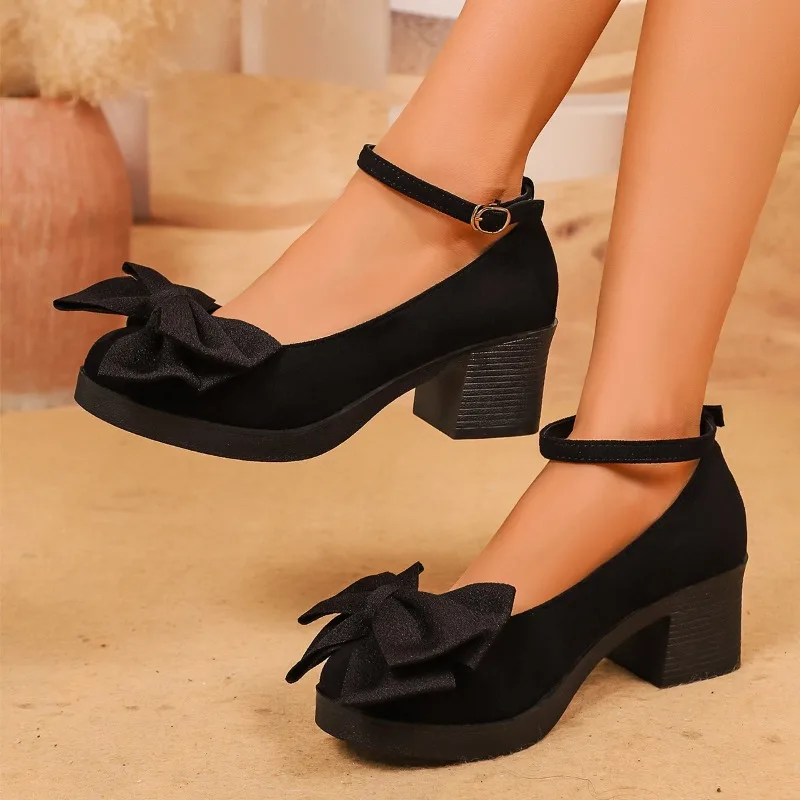

Модные туфли с бантом, осенние новые флисовые туфли на платформе с круглым носком и блочным каблуком