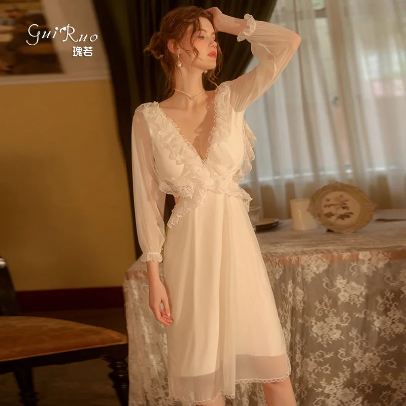 Wholesale Women\'s Sexy V-Neck Long Sleeve Spring Sleepdress Stylish Godness Home Dress Romantic Honeymoon Nightgown Hot Nighty