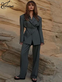 Oymimi élégant gris 2 pièces ensemble femmes tenue mode poches tunique à manches longues et Simple pantalon droit ensembles bureau Layd