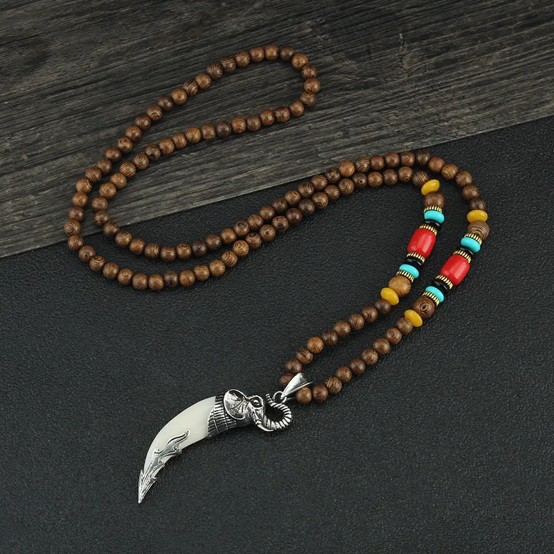DIY accessories Retro ethnic style imitation wolf tooth pendant necklace wooden wooden bead long sweater chain men and women ver