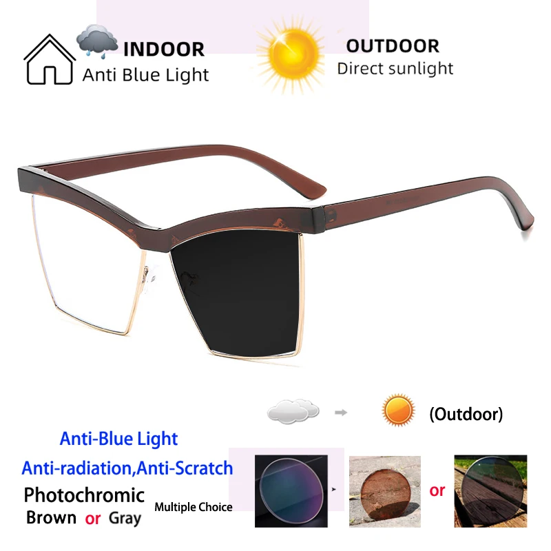 Brand Design Square Eyebrow Frame Myopia Glasses Prescription Photochromic Anti Blue Light Women Shortsight Eyewear 0 to -6.00