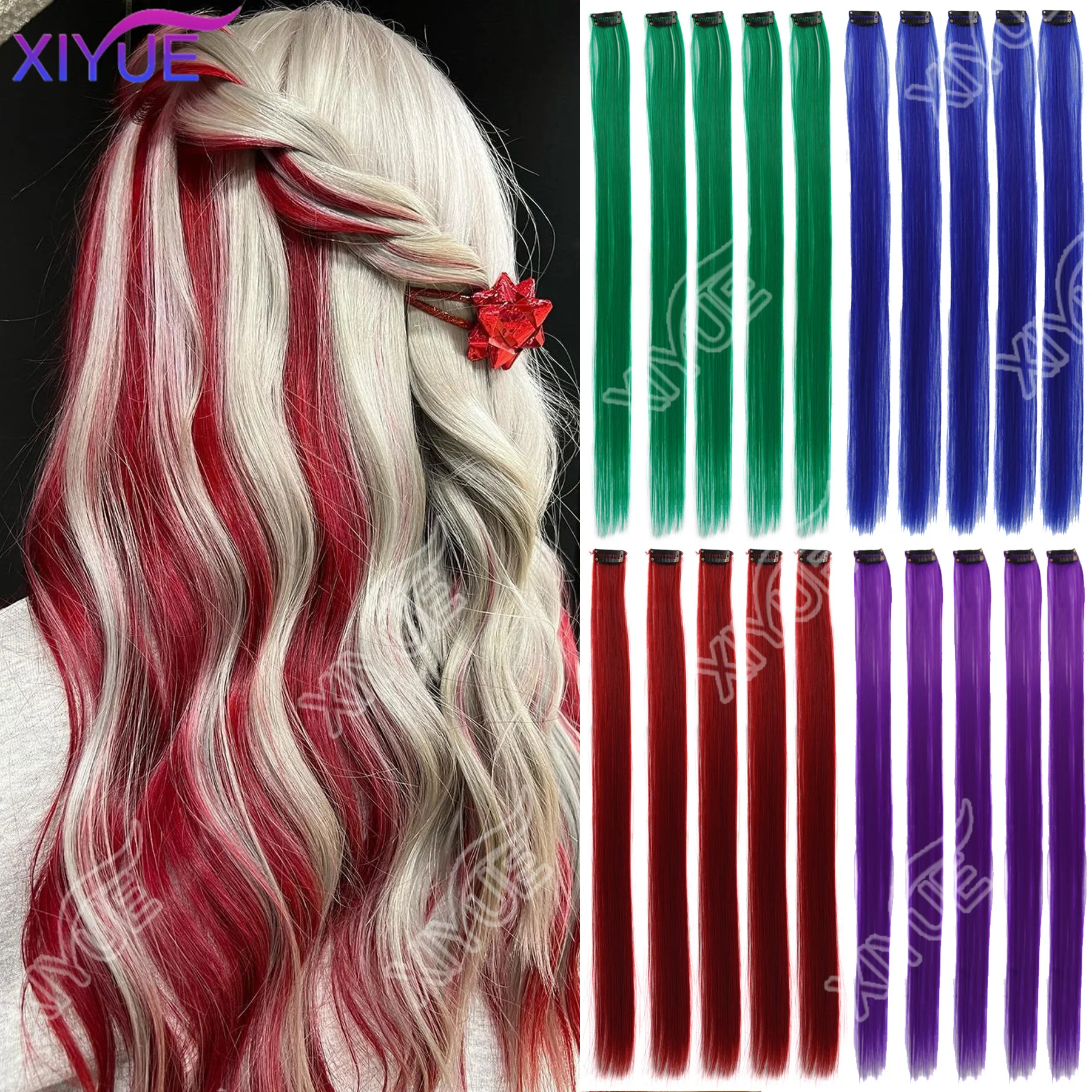 وصلات شعر صناعية ملونة للحفلات بمشبك في وصلات شعر للفتيات مقاس 24 بوصة ألوان أومبير شعر مستقيم قطع شعر صناعية