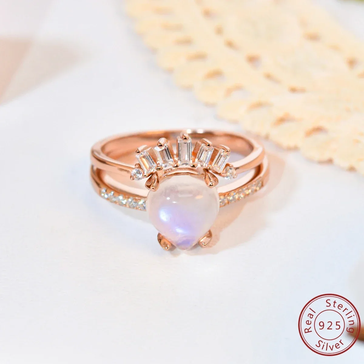 2024 New 100%925 Sterling Silver Double Layer Ring Moonlight Stone Rose Gold Ring Women's Exquisite Combination Ring Set Jewelry