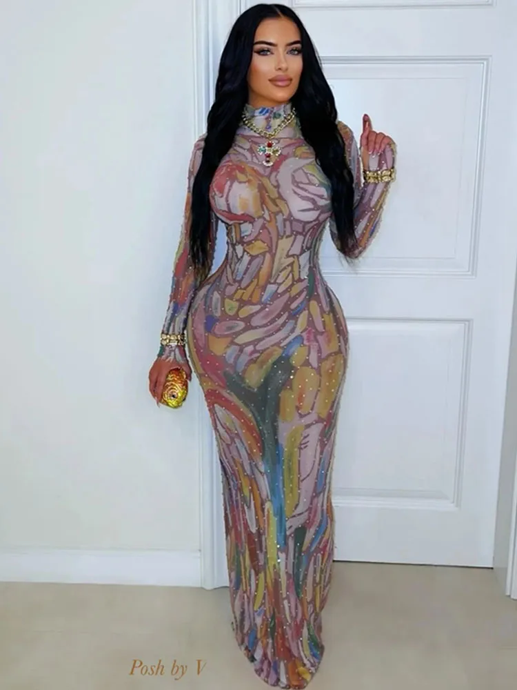 فستان ماكسي ضيق مطبوع عليه ربطة عنق ملونة من Doyerl فستان نسائي طويل الأكمام غمد نحيف قابل للتمدد للحفلات والنوادي فساتين طويلة Ropa De Mujer