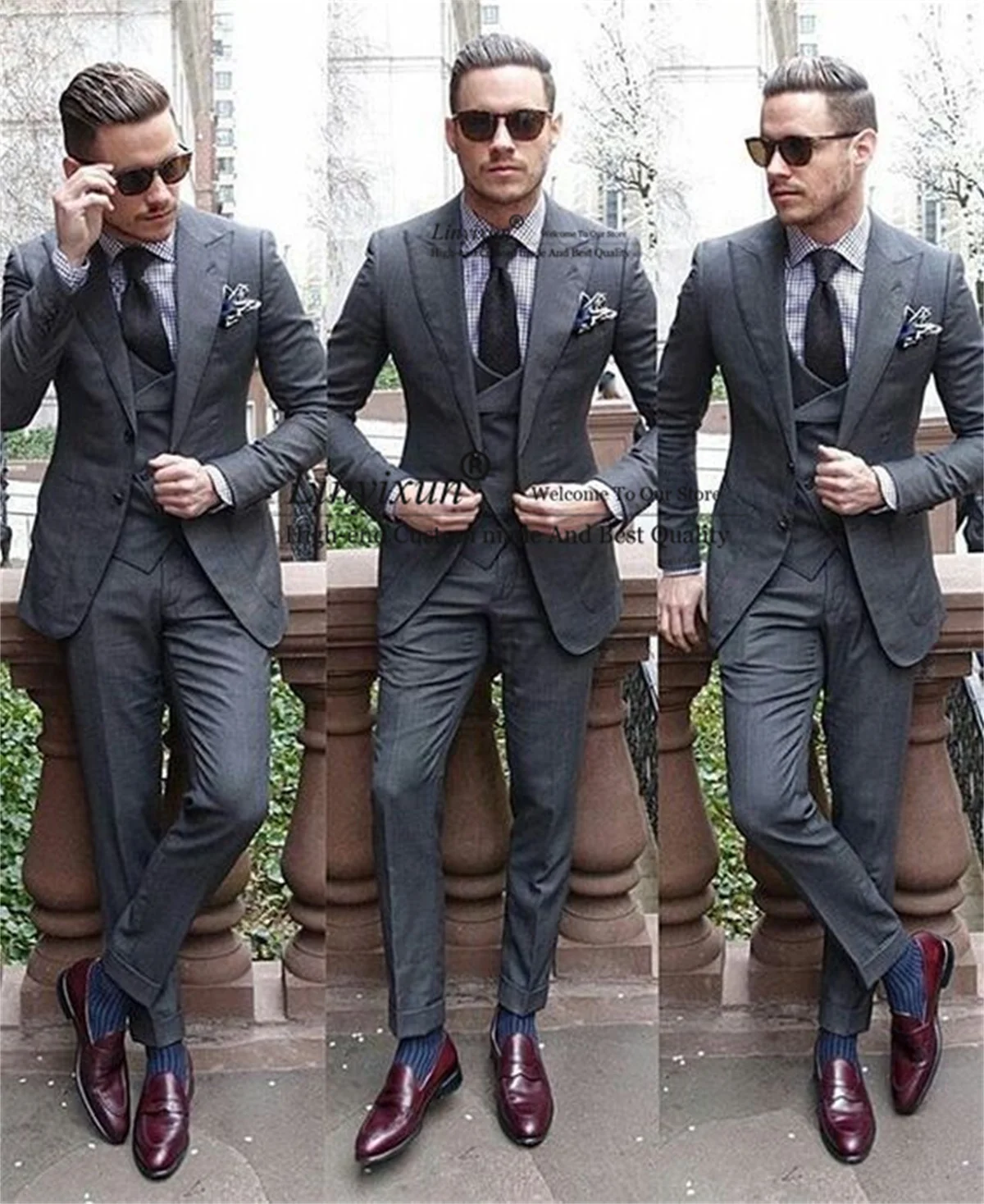 

Formal Dark Grey Men Suits Peaked Lapel Groom Wedding Tuxedos 3 Pieces Sets Business Male Prom Blazers Slim Fit Costume Homme