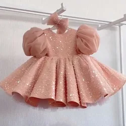 Deluxe Dress Girl Stage Show Dress Wedding Flower Girl Princess Dress Pink Sequins Pink Big Bow Banquet Evening Dress 2-10 Years