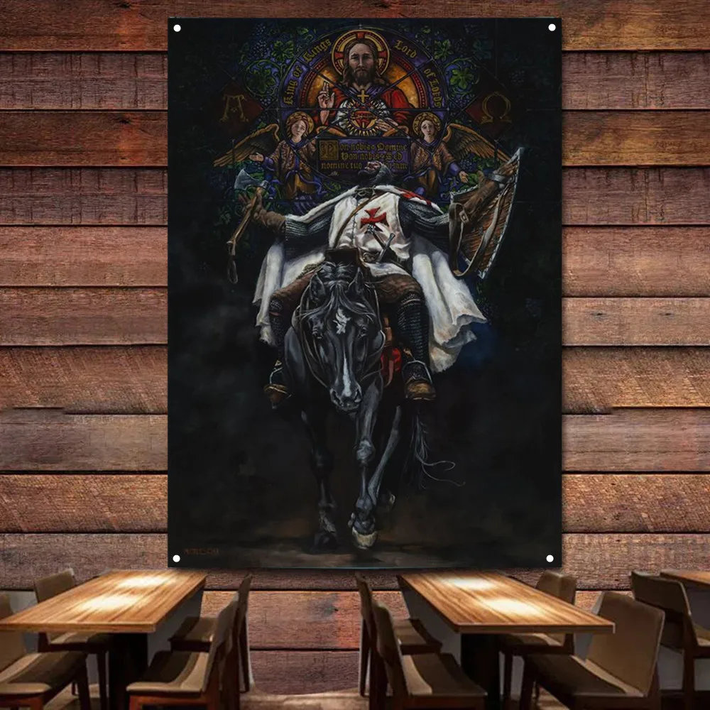 

Knights Templar Room Decor: Vintage Armor Art Posters Tapestry Warrior of Christ Flag Banner Wall Hanging Ornaments for Dorms 1