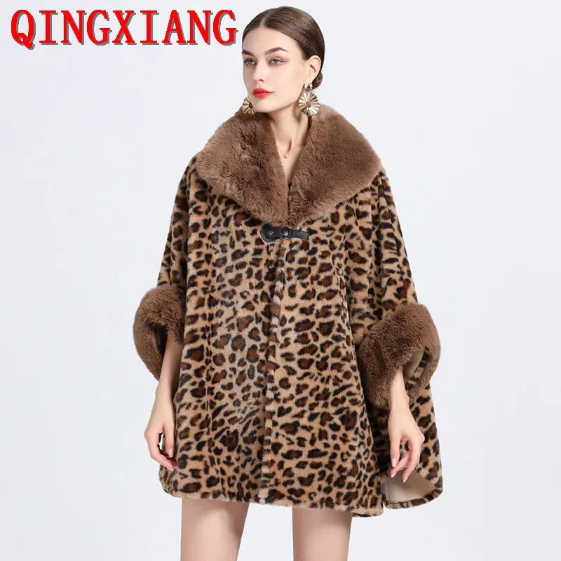 

Women Leopard Cloak Turn-down Faux Rabbit Fur Collar Woolen Cardigan Streetwear Winter Thicken Velvet Warm Loose Poncho Overcoat