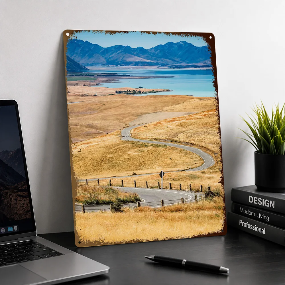 Scenic Country Road By Mountain Lake Aluminum Poster Personalized Metal Sign Bold Serene Horizon Wall Art Perfect For Bedrooms