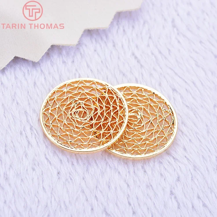 (529)4PCS 15MM 20MM 24K Gold Color Plated Brass Round Hollow Lace Charm Pendants for Jewelry Making Findings Accessories