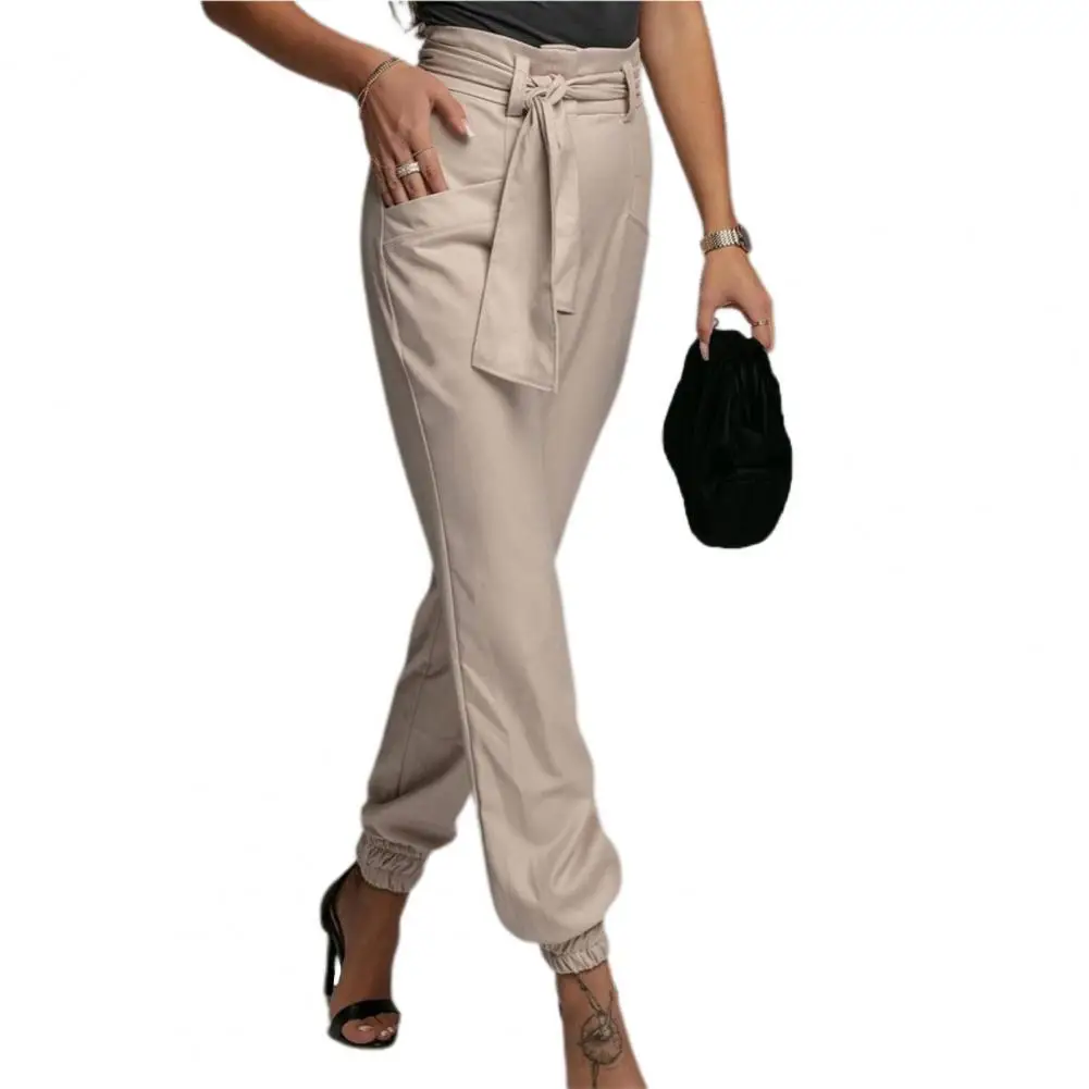 Loose Women Pants Vintage Solid Color Lace-up Summer Cargo Trousers Slim Pants High Waist Pockets