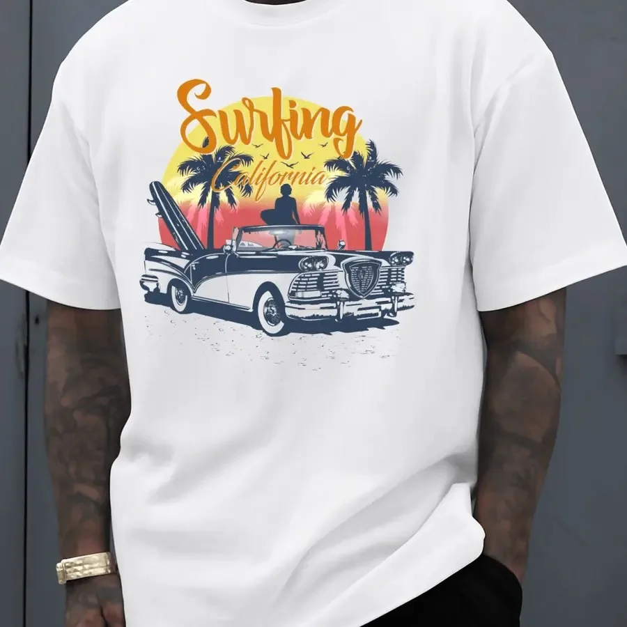 

【New Arrival】Unisex Retro Surfing California Vintage Car Sunset Graphic T-Shirt Beach Casual Short Sleeve White Top