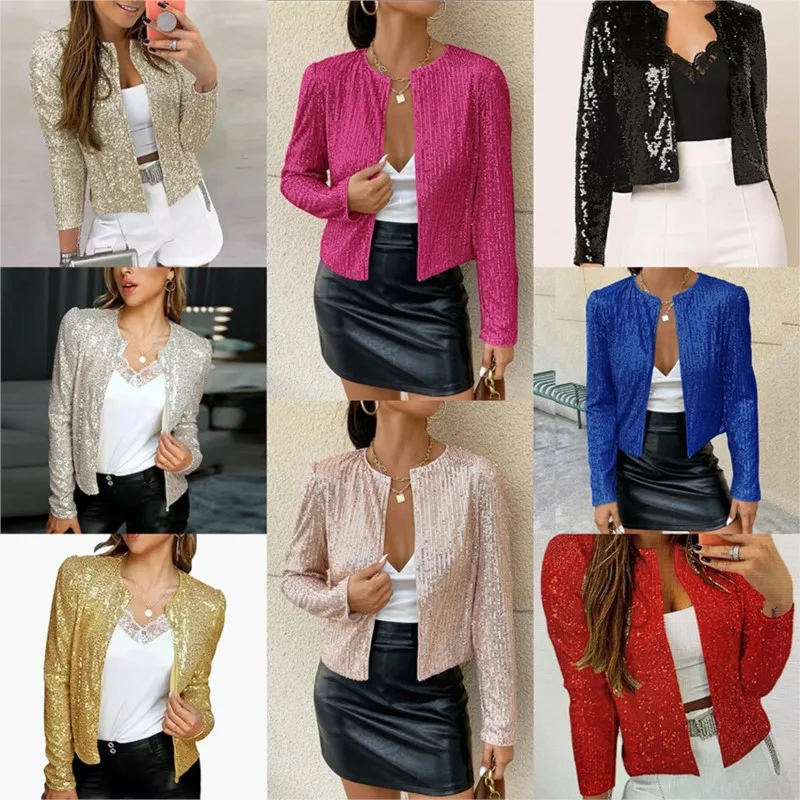 Elegant Chic Blazer Shining Sequins Short Coat New Fashion Long Slevee O-neck Cardigan Jacket Open Front Outwear Female Clothing