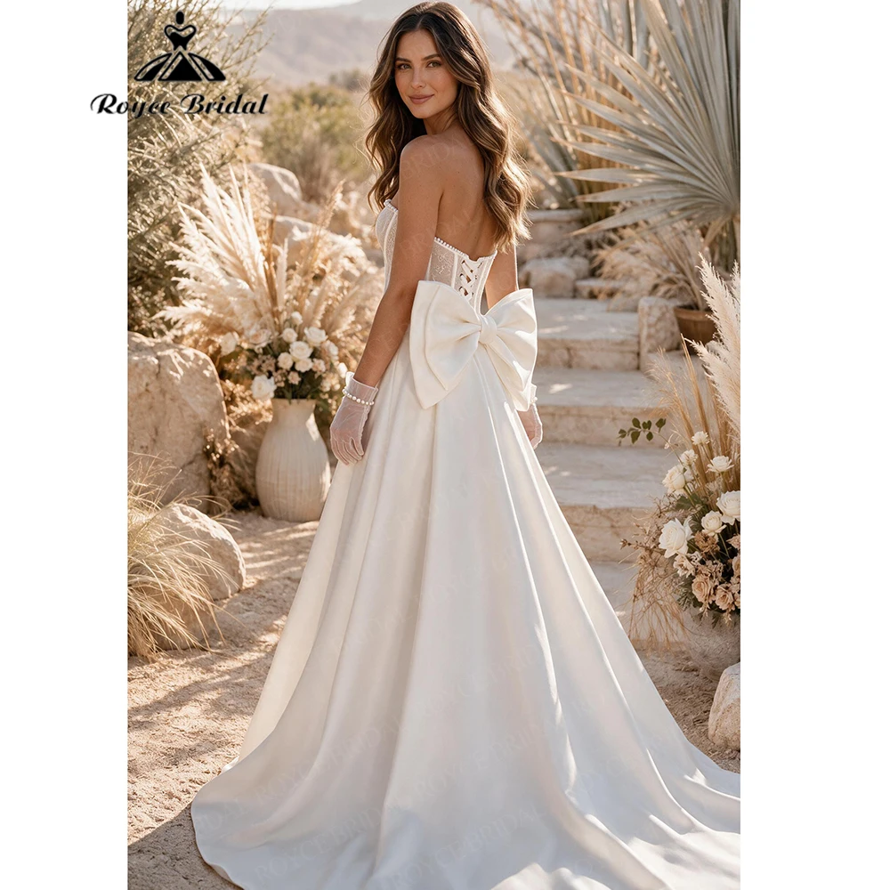 Roycebridal Pearls Bow Elegant A Line Wedding Dresses 2027 Lace Up Satin Beach Bridal Gown Customized vestido de novia