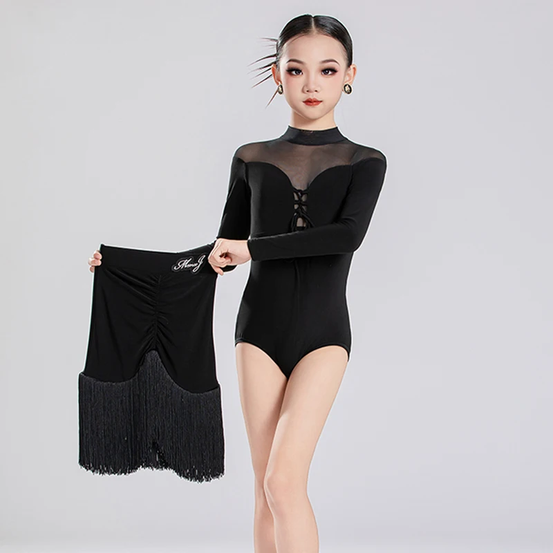 2025 Ragazze Costume da ballo latino Bambini Abbigliamento da prestazione Body a maniche lunghe Gonna con frange Nero Set di pratica latina VDL4778