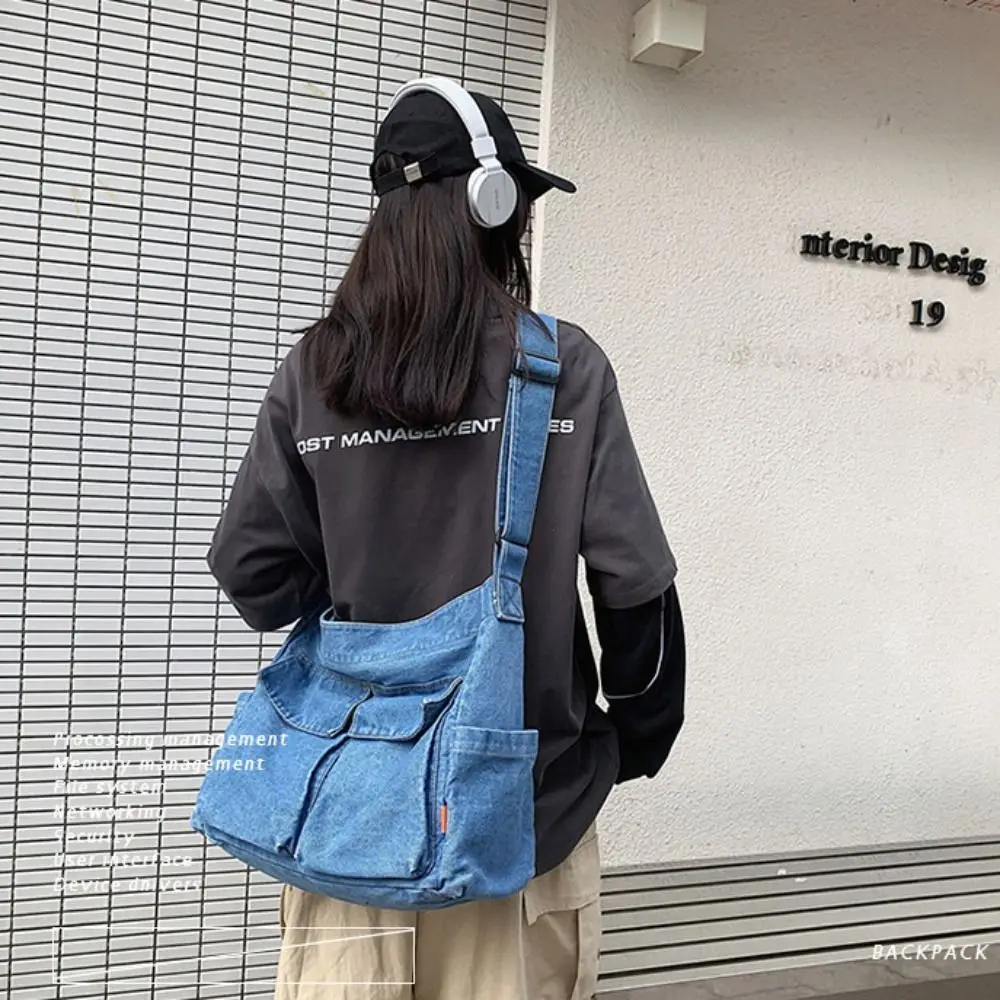 

Портативная джинсовая холщовая сумка Y2K, большая вместительная сумка для покупок, винтажная сумка в уличном стиле, однотонная однотонная сумка через плечо для студентов