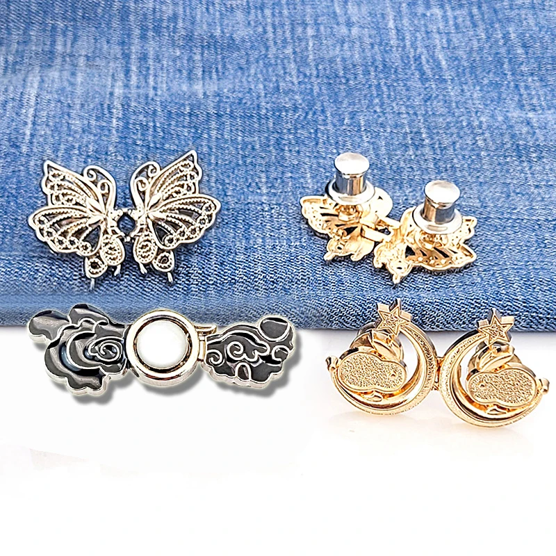 Botões de metal reutilizáveis para Jeans, Butterfly Wing Fastener, Pants Pin, botão retrátil, fivelas de costura, ajuste perfeito, reduzir a cintura