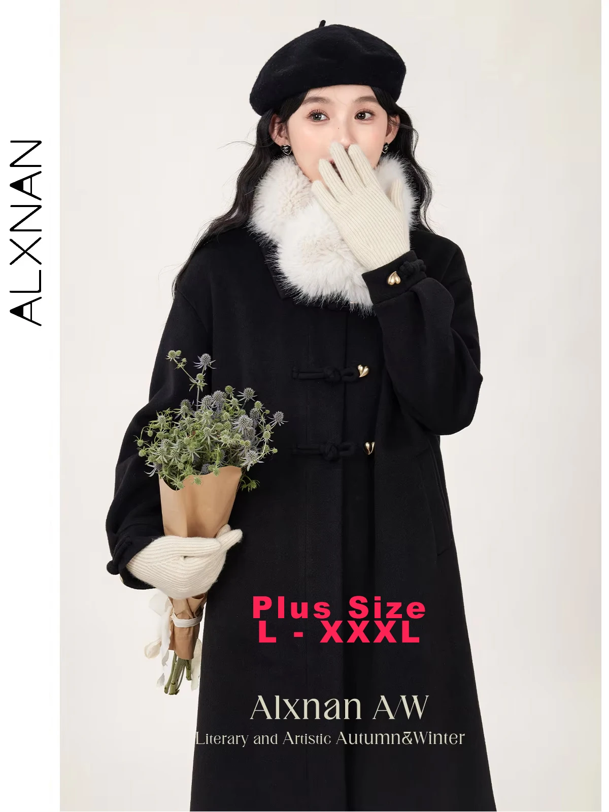 

ALXNAN Plus Size Woolen Coat for Women Fall Winter Polo Collar Drop Sleeve Heart Button 2024 Lady Commuter Long Outerwear D07783