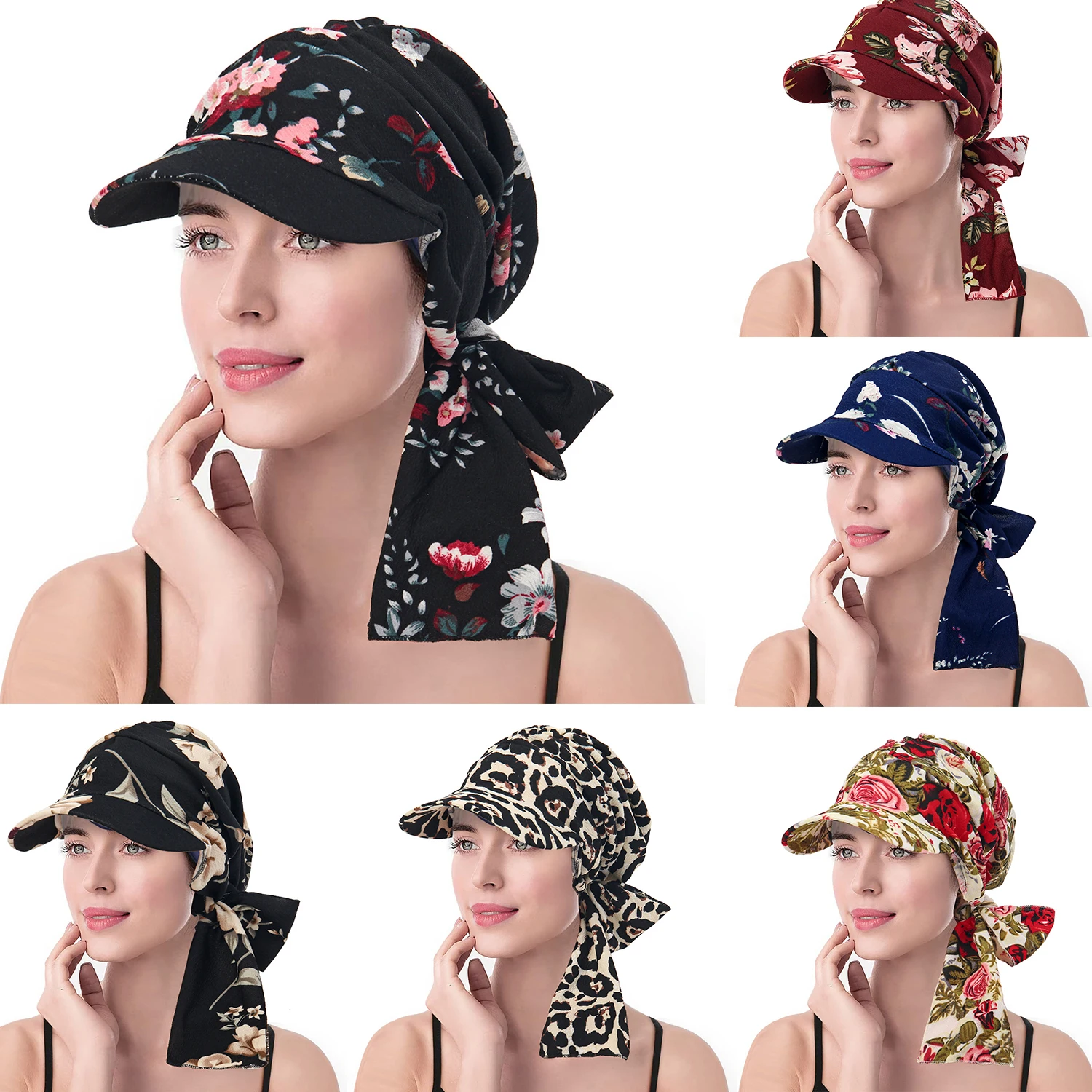 Fashion Print Women Hijab Caps Wrap Hair with Brim Turban Bonnet Breathable Comfortable Ladies Headscarf Hat Hide Hair