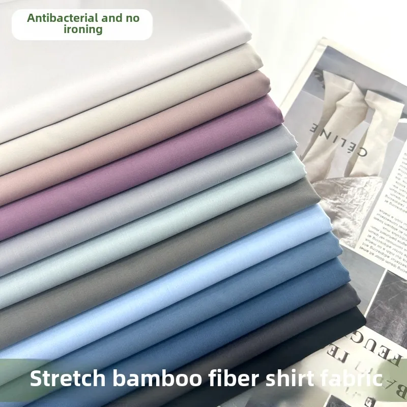 Tela de fibra de bambú microelástica de primavera, camisas de alta calidad para hombres y mujeres, telas para vestidos, antibacterianas, no planchas, blanco y Beige