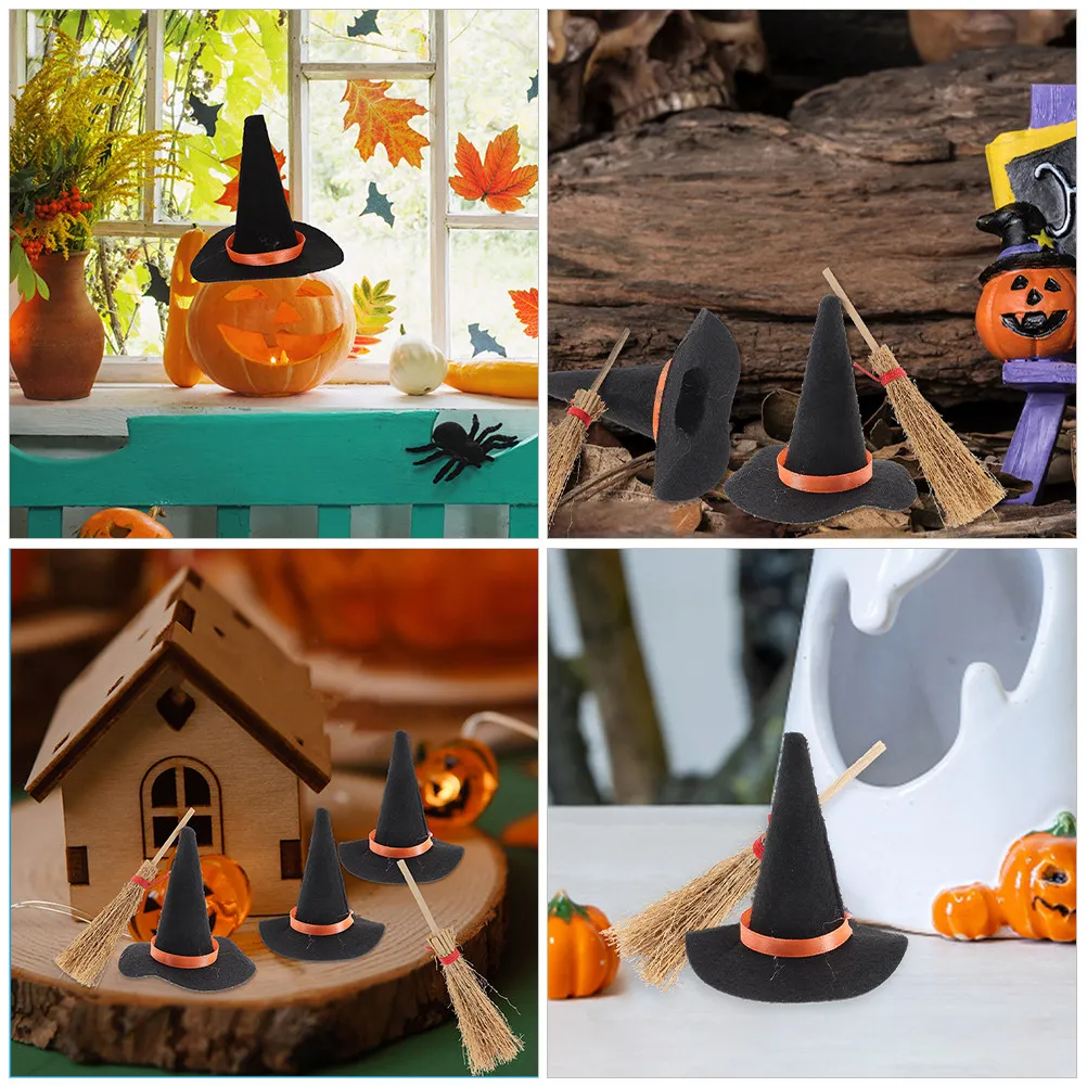 

1Set Miniature Witch Hat Broom Mini Halloween Witch Hat Decorations Tiny Mini House Crafts Party Accessories Perfect for Themed