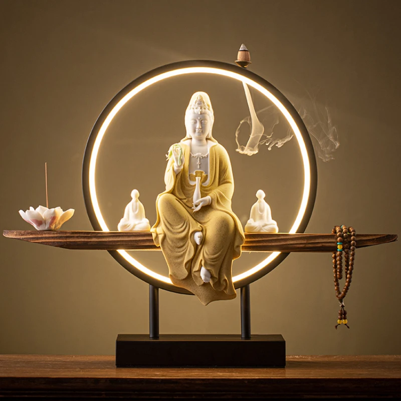 Led Waterfall Backflow Incense Burner With Led Ring Ceramic Guanyin Buddha Incense Burner Holder Porta Incenso Buddhist Supplies