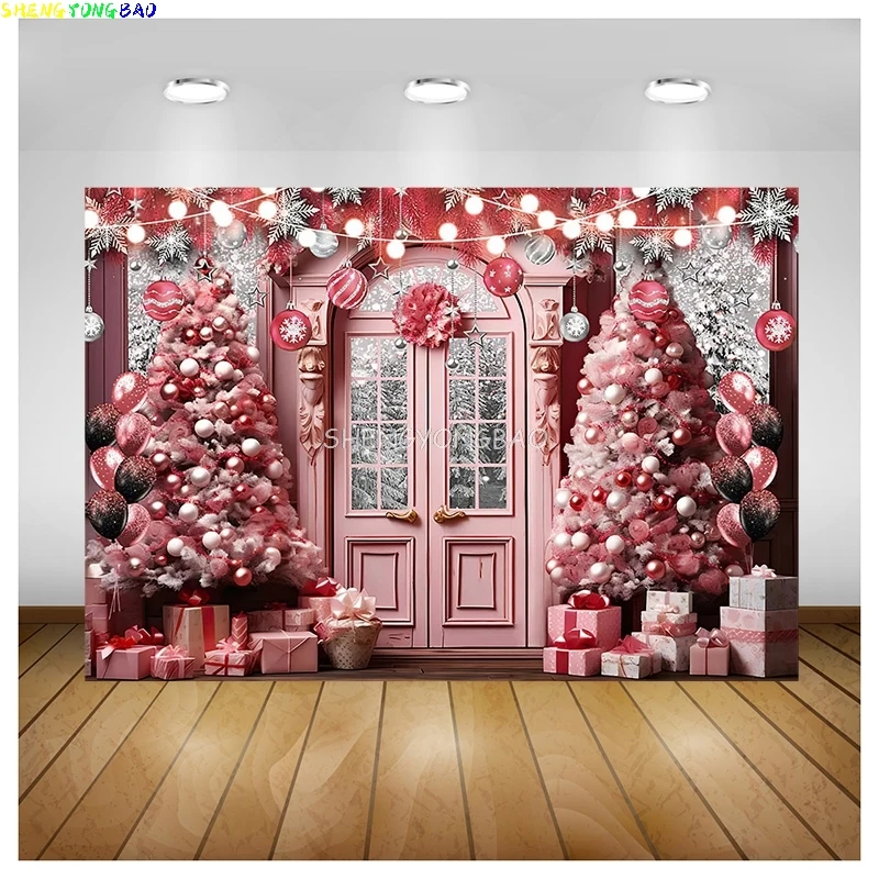 Vinyl Custom Christmas Tree Window Candy Photography Backdrop Wooden Doors Snowman Cinema Pine New Year Background Prop LPR-02