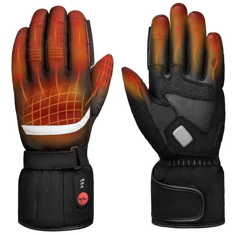 Heated Motorcycle Gloves Touchscreen Custom Printed Winter Long Five Finger Waterproof Sports Leather Electric Heated Gloves