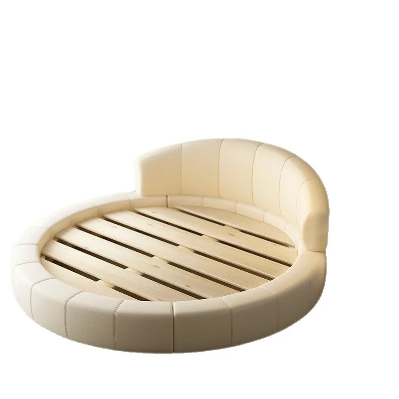 Leather round bed simple modern design high-grade solid wood row skeleton