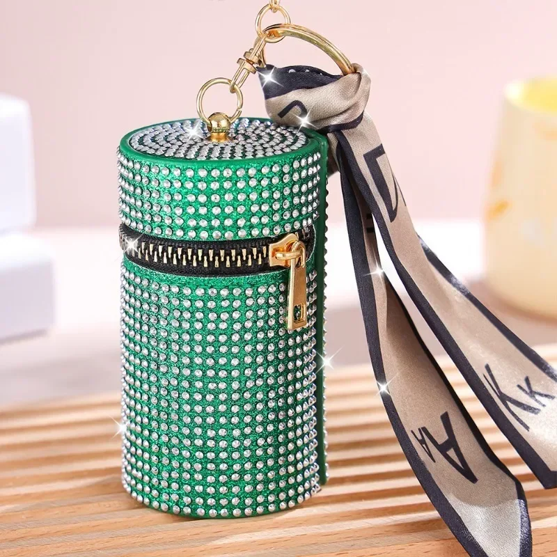 New Cylindrical Stylish Rhinestone PU Mini Lipstick Bag with Silk Scarf Keychain Portable Coin Purse Women Accessories Gift