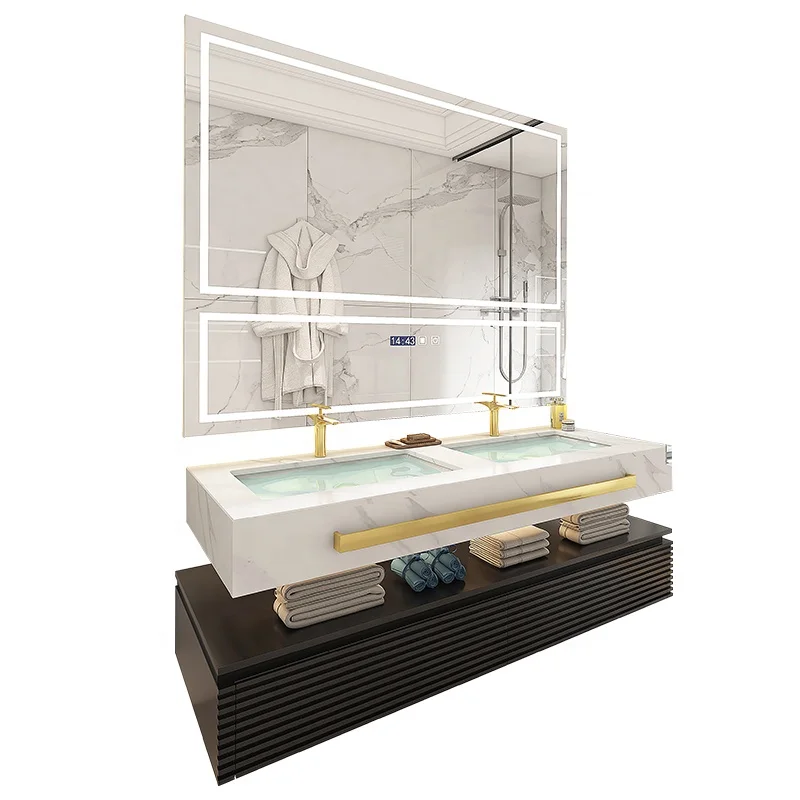 European Style Hot Sale Rustic Oak Wood Sintered Stone Top Small Bathroom Vanities With Sink 24 Inch and 48 Inchpromote sales