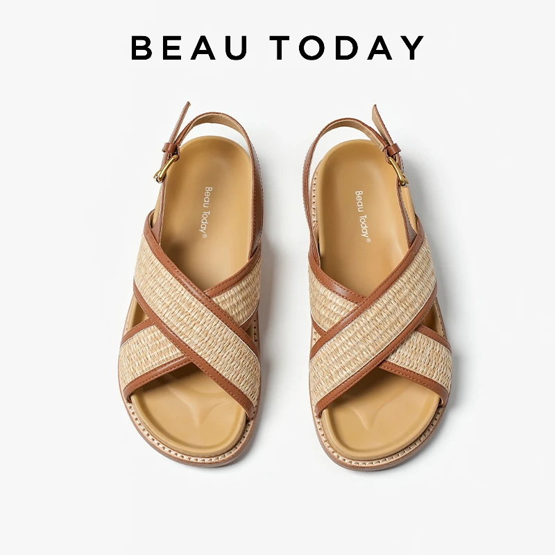 BEAUTODAY Beach Sandals Women Hemp Patchwork Slingback Solid Color Ankle Strap Summer Vacation Ladies Flat Shoes Handmade A34550