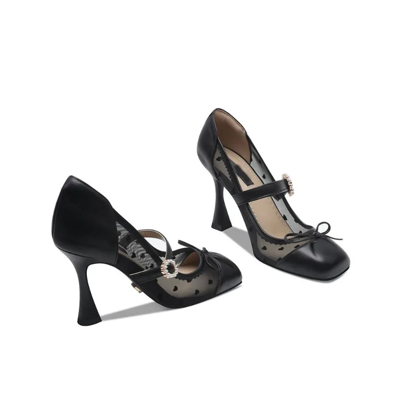 Sexy Mesh High Heels Woman Pumps Selling Thin Heel Shallow Mouth Breathable Black Temperament Women Round Toe Single Shoes 7cm