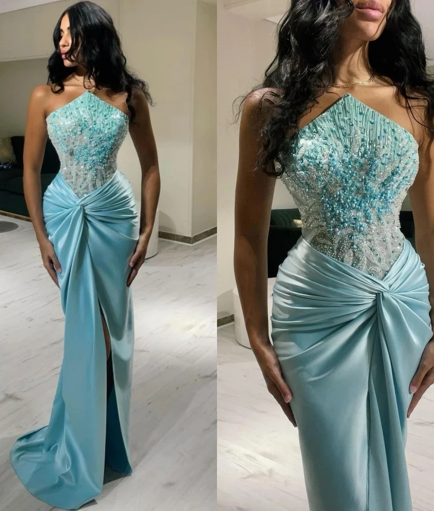 

Роскошное атласное вечернее платье русалки с блестками и бисером, жемчугом и кристаллами по индивидуальному заказу, темпераментное платье для выпускного вечера без бретелек без рукавов
