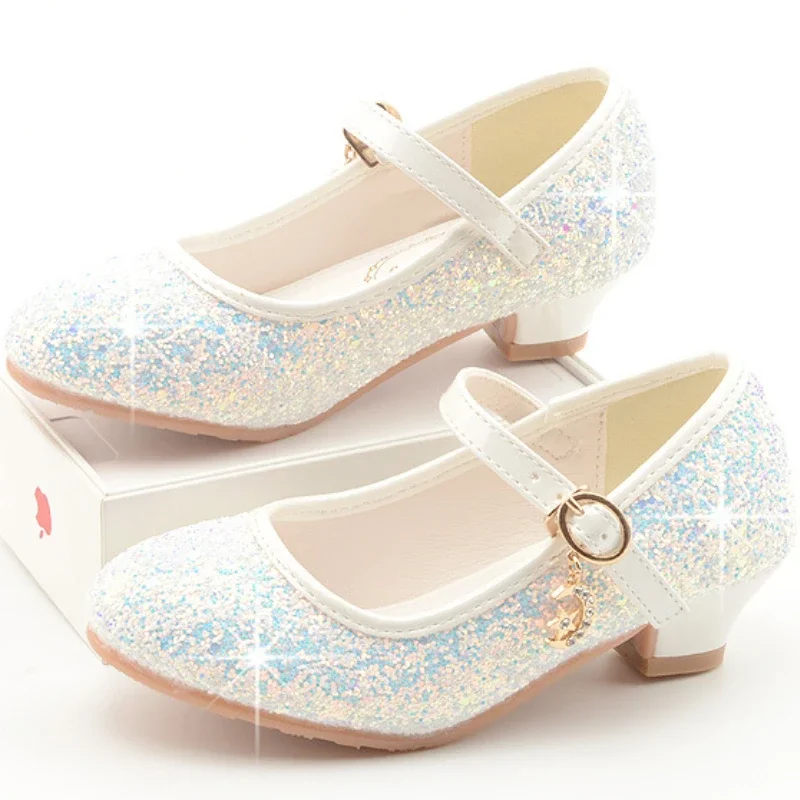 Girls Princess Sequins Leather Shoes Fashion Elegant Children High Heels Glitter Party Wedding Versatile Kids Dress Single Shoes