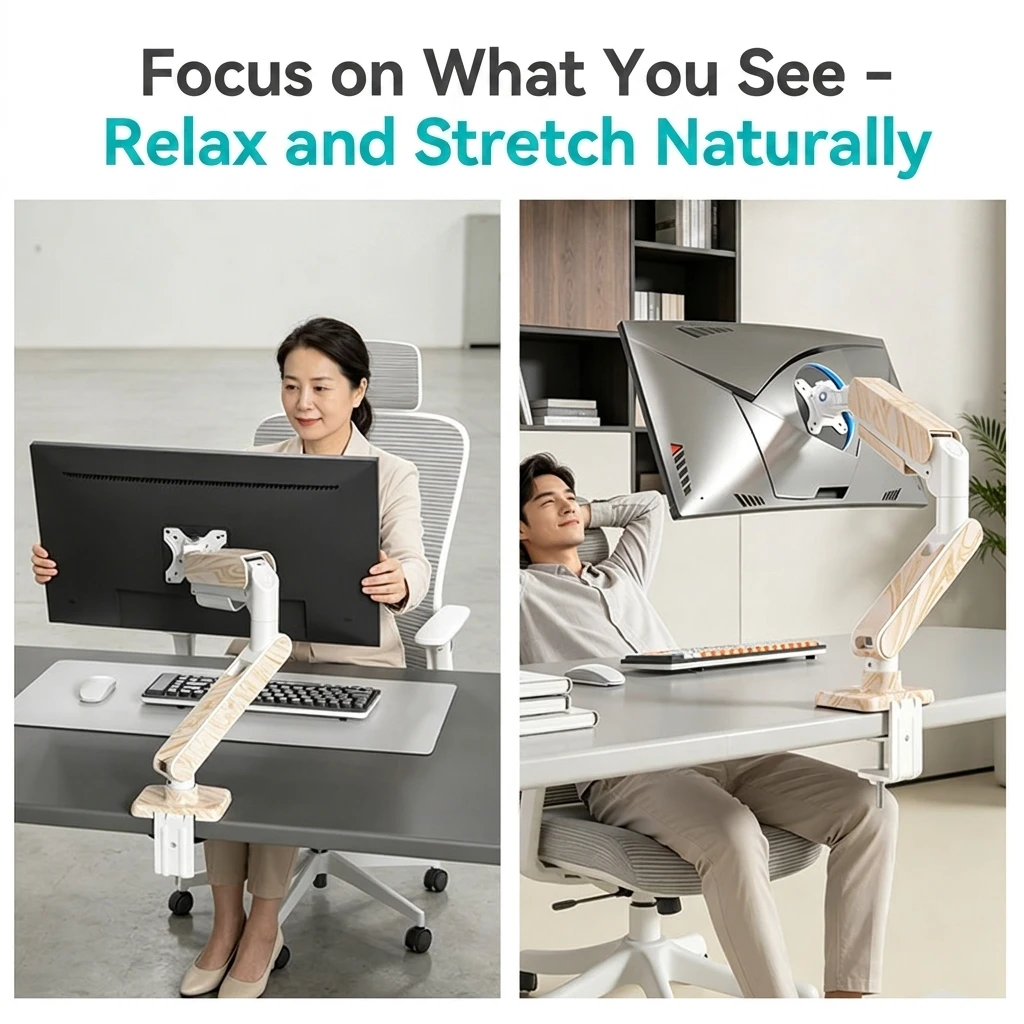 SC5 Light Wood Grain Gas Spring Monitor Arm Aluminum Alloy Height Adjustable VESA Monitor Stand For 17-35 Inch Screen Load 2-10K