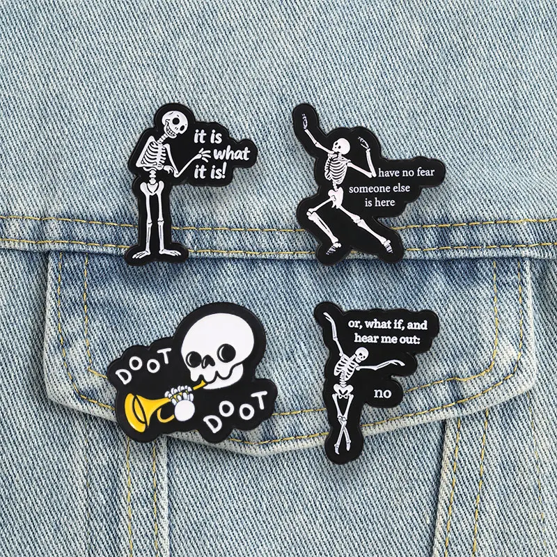 Halloween Skeleton Badge Gothic Dancing Skull Enamel Pin Spooky Humor Zombie Brooches Stay Positive Shark Accessory
