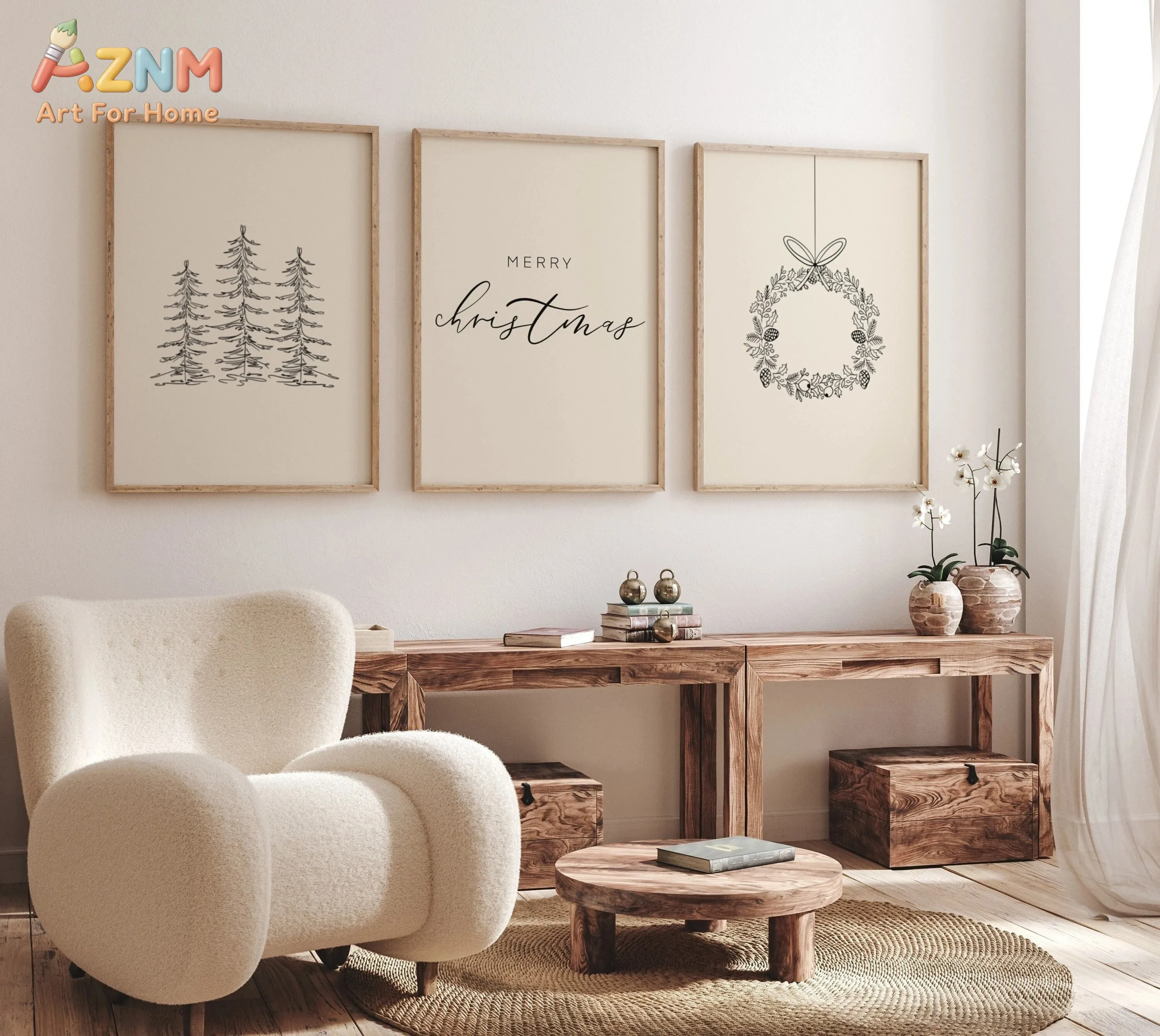 AZNM Neutral Beige Minimalist Christmas Canvas Wall Art Line Drawing Pine Tree Wreath Merry Christmas Script Print Farmhouse Win