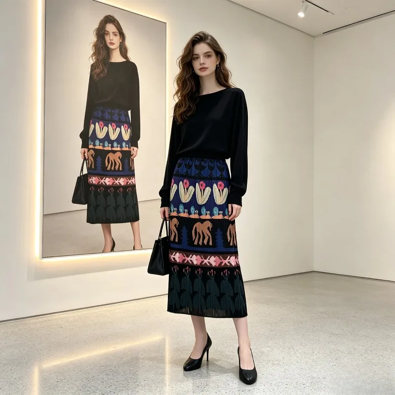 Miyake Pleated 2026 Original Summer Abstract Art Print Mid-Length Skirt for Women Summer Elastic Waist Pleated Vintage Skirt